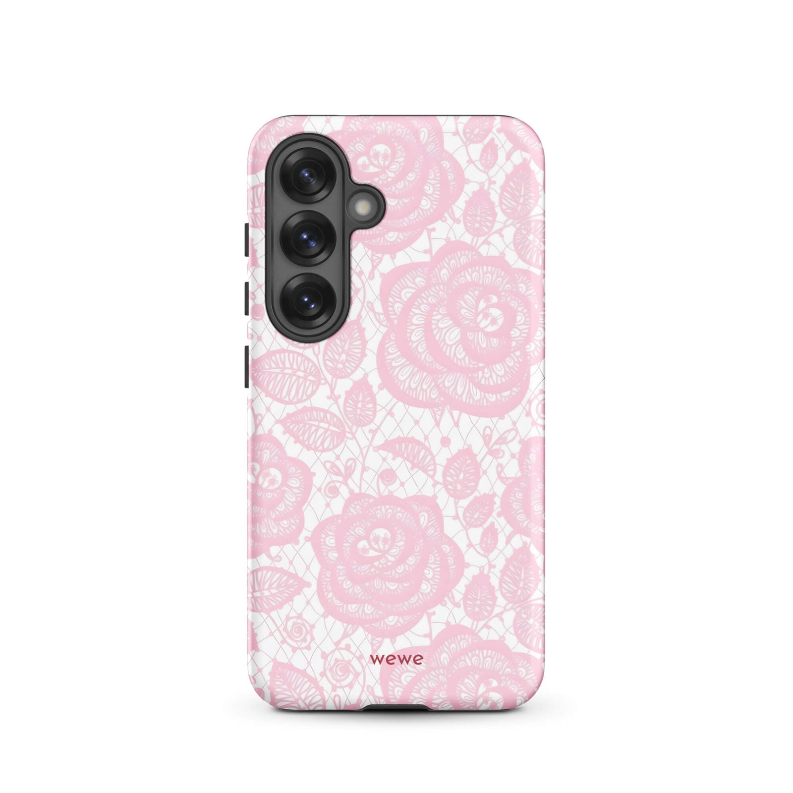 Custom samsung galaxy s25 Phone case with a delicate pink and white floral lace pattern featuring roses.