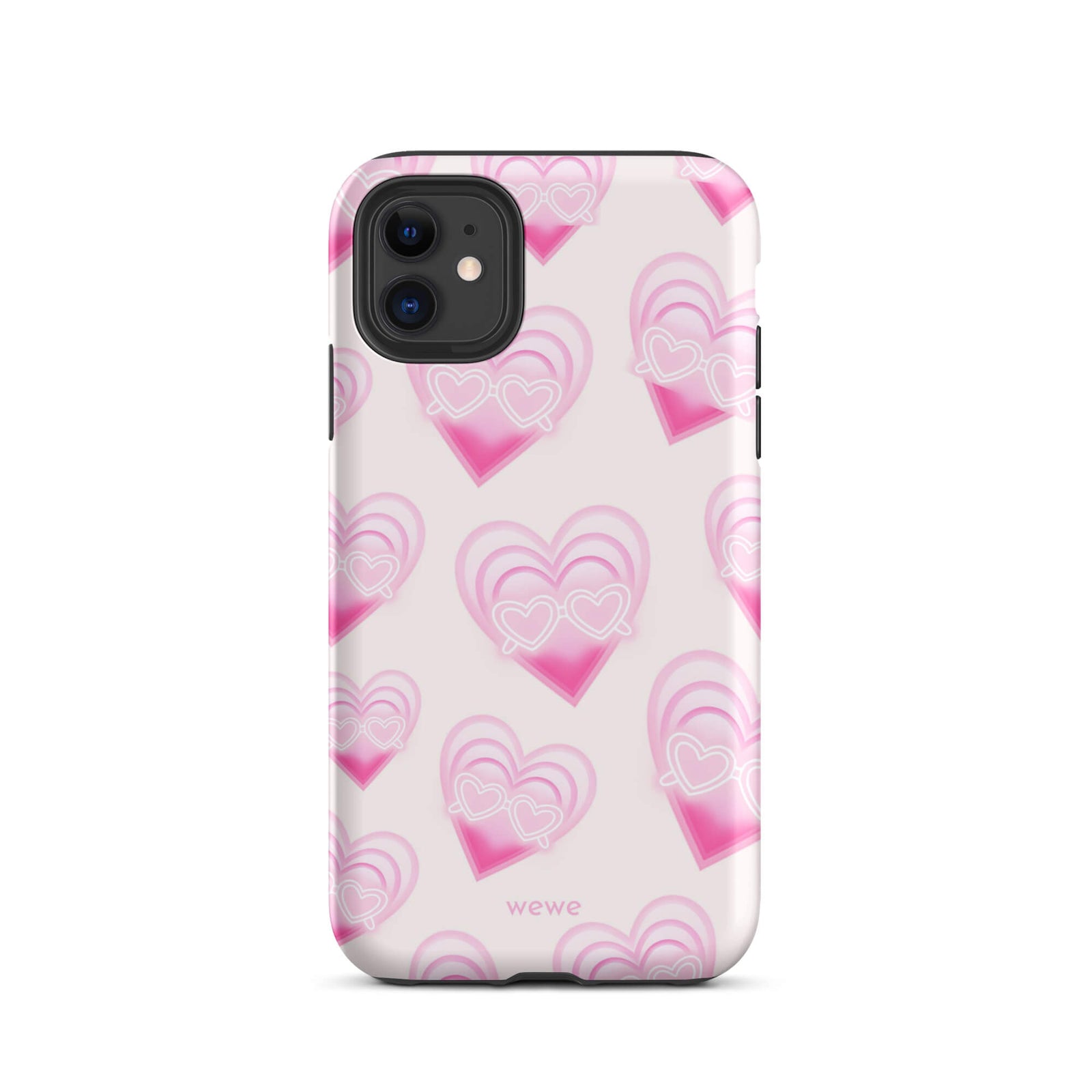 Pink Layered Heart Phone Case featuring oversized retro pink hearts, glowing outlines and a playful heart-shaped glasses motif on a blush background