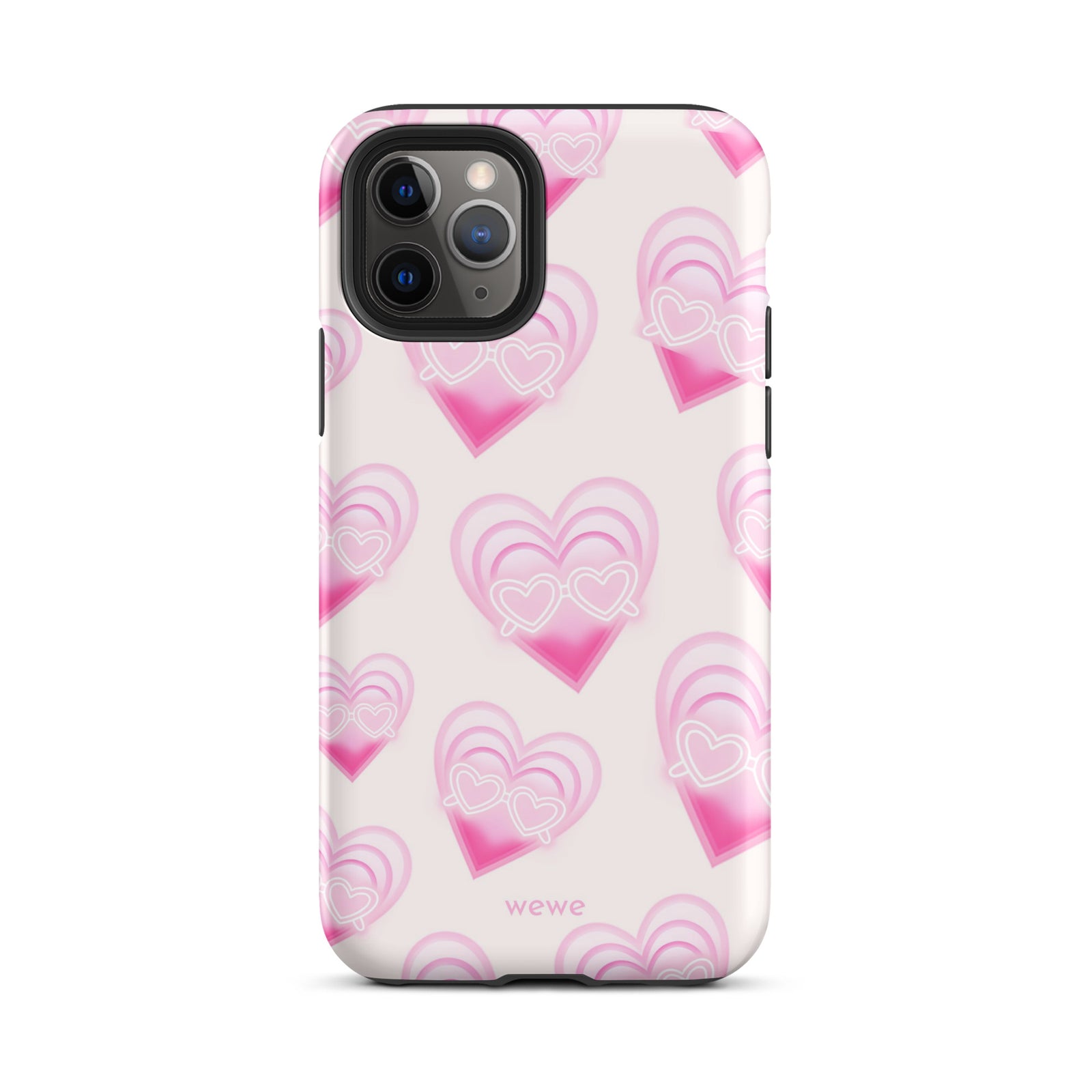 Pink Layered Heart Phone Case featuring oversized retro pink hearts, glowing outlines and a playful heart-shaped glasses motif on a blush background