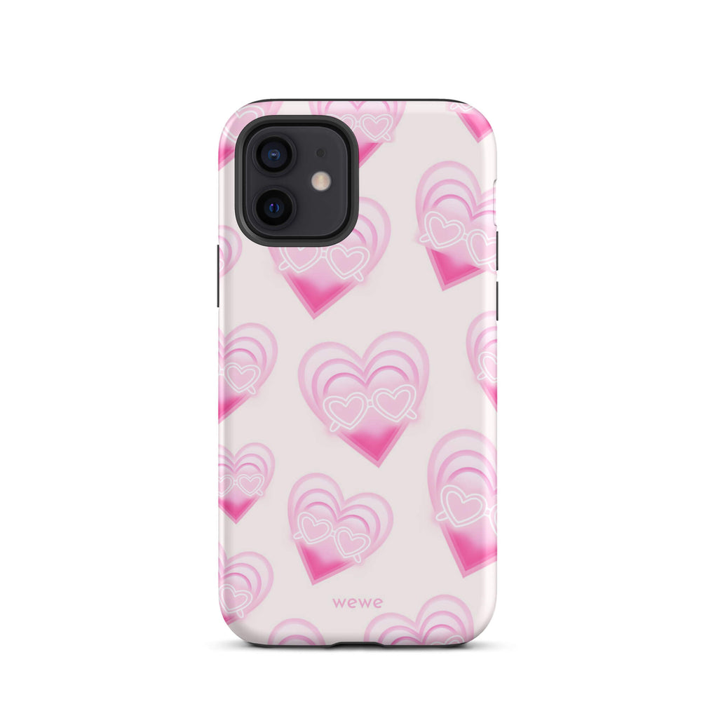 Pink Layered Heart Phone Case featuring oversized retro pink hearts, glowing outlines and a playful heart-shaped glasses motif on a blush background