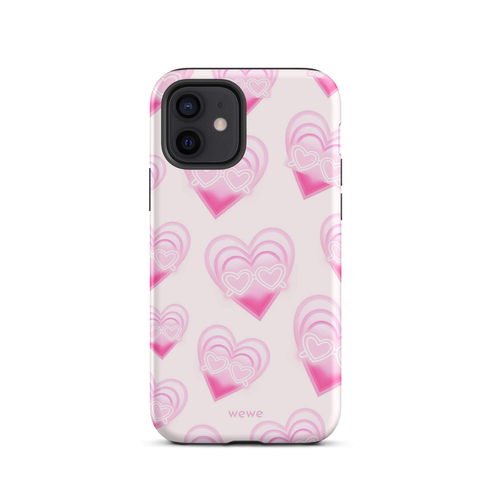 Pink Layered Heart Phone Case featuring oversized retro pink hearts, glowing outlines and a playful heart-shaped glasses motif on a blush background