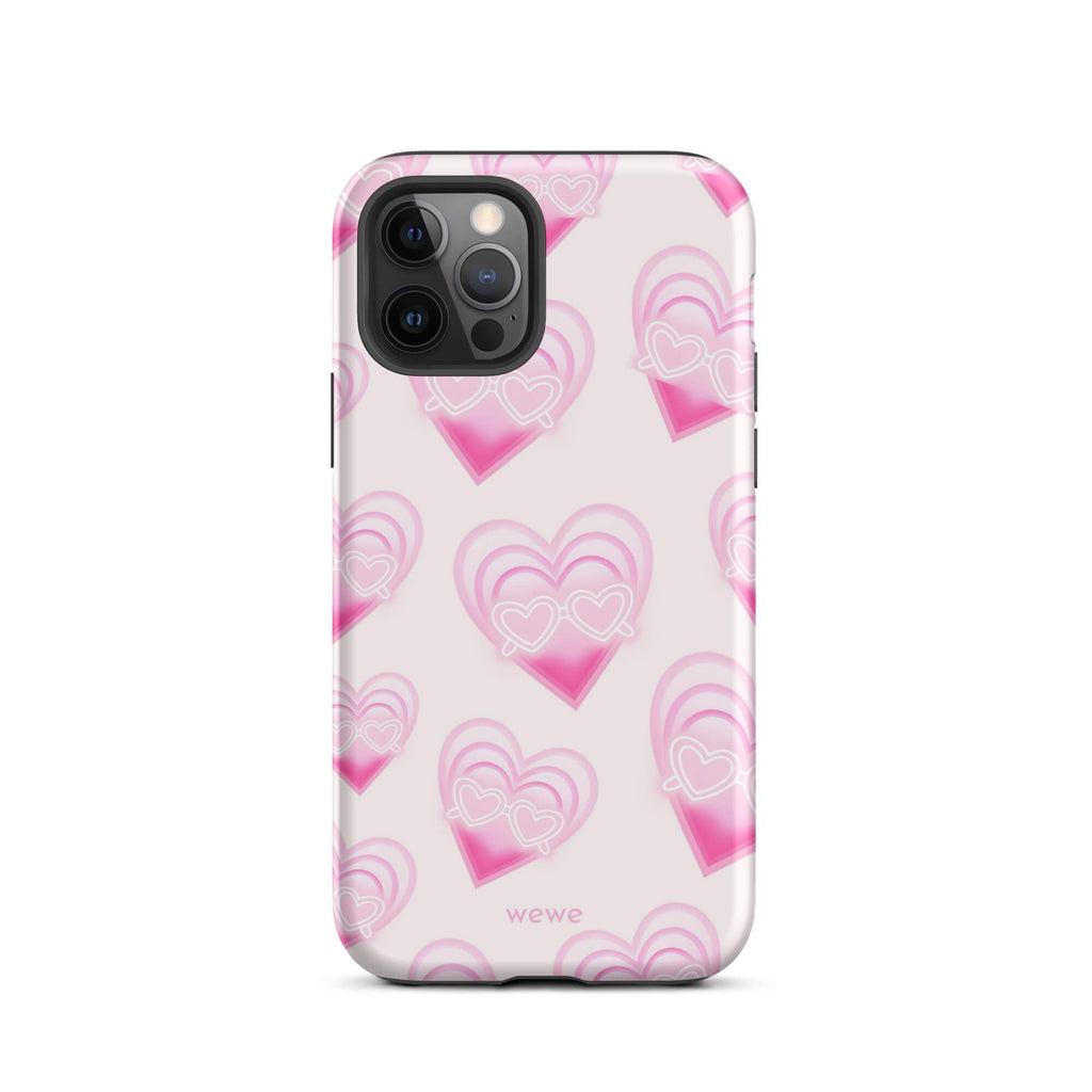Pink Layered Heart Phone Case featuring oversized retro pink hearts, glowing outlines and a playful heart-shaped glasses motif on a blush background