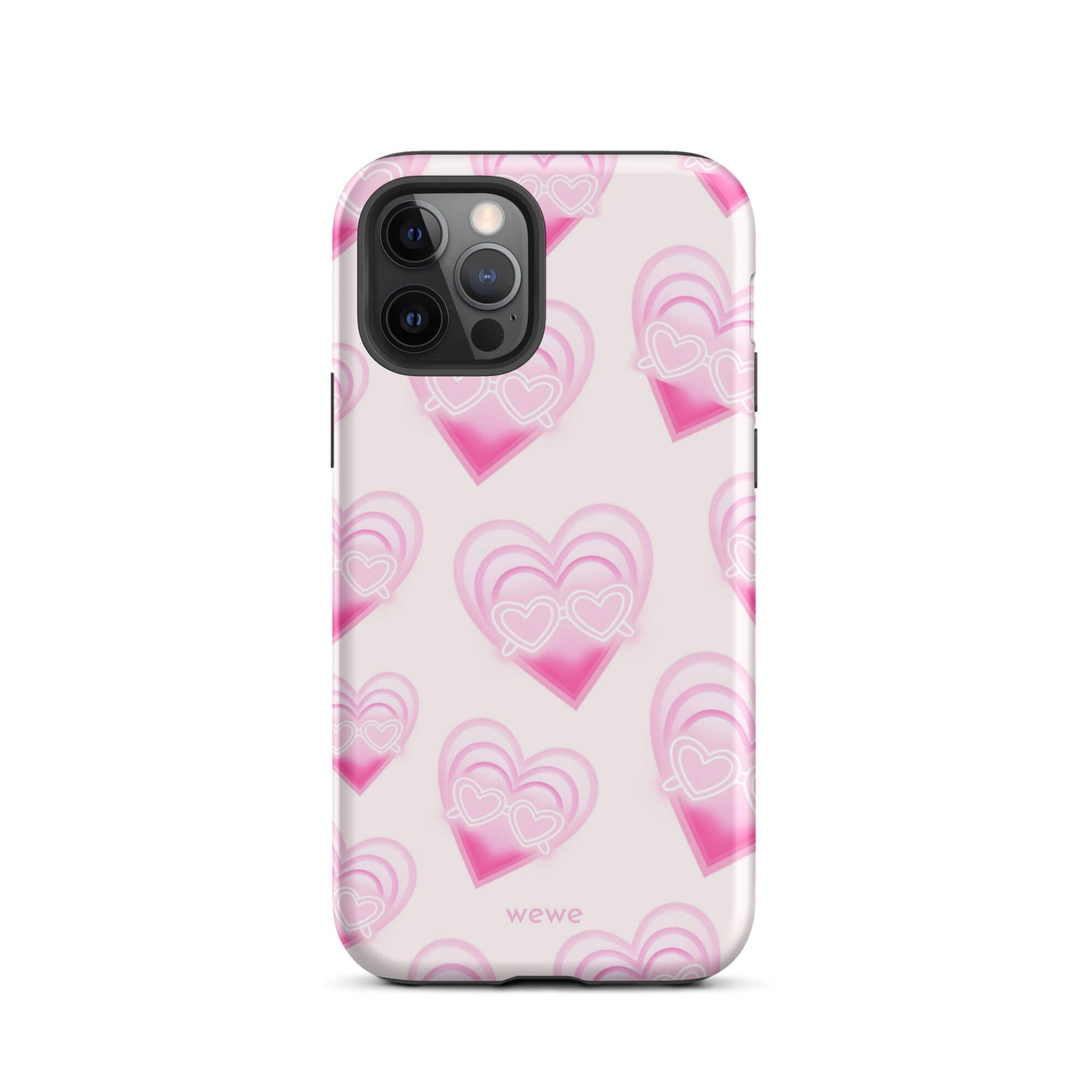 Pink Layered Heart Phone Case featuring oversized retro pink hearts, glowing outlines and a playful heart-shaped glasses motif on a blush background