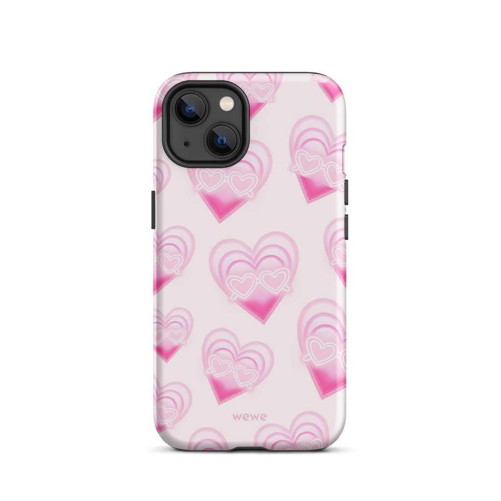 Pink Layered Heart Phone Case featuring oversized retro pink hearts, glowing outlines and a playful heart-shaped glasses motif on a blush background