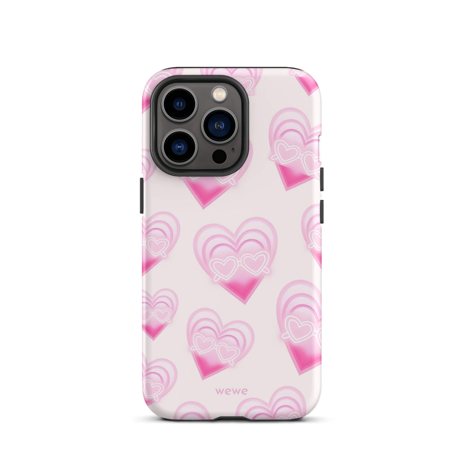 Pink Layered Heart Phone Case featuring oversized retro pink hearts, glowing outlines and a playful heart-shaped glasses motif on a blush background