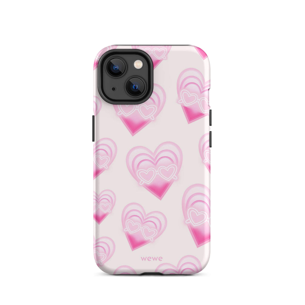 Pink Layered Heart Phone Case featuring oversized retro pink hearts, glowing outlines and a playful heart-shaped glasses motif on a blush background