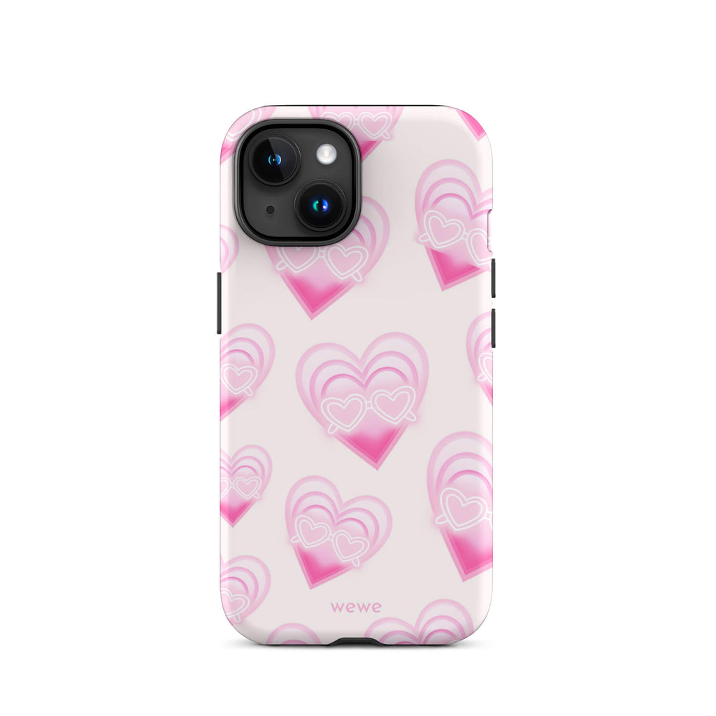 Pink Layered Heart Phone Case featuring oversized retro pink hearts, glowing outlines and a playful heart-shaped glasses motif on a blush background