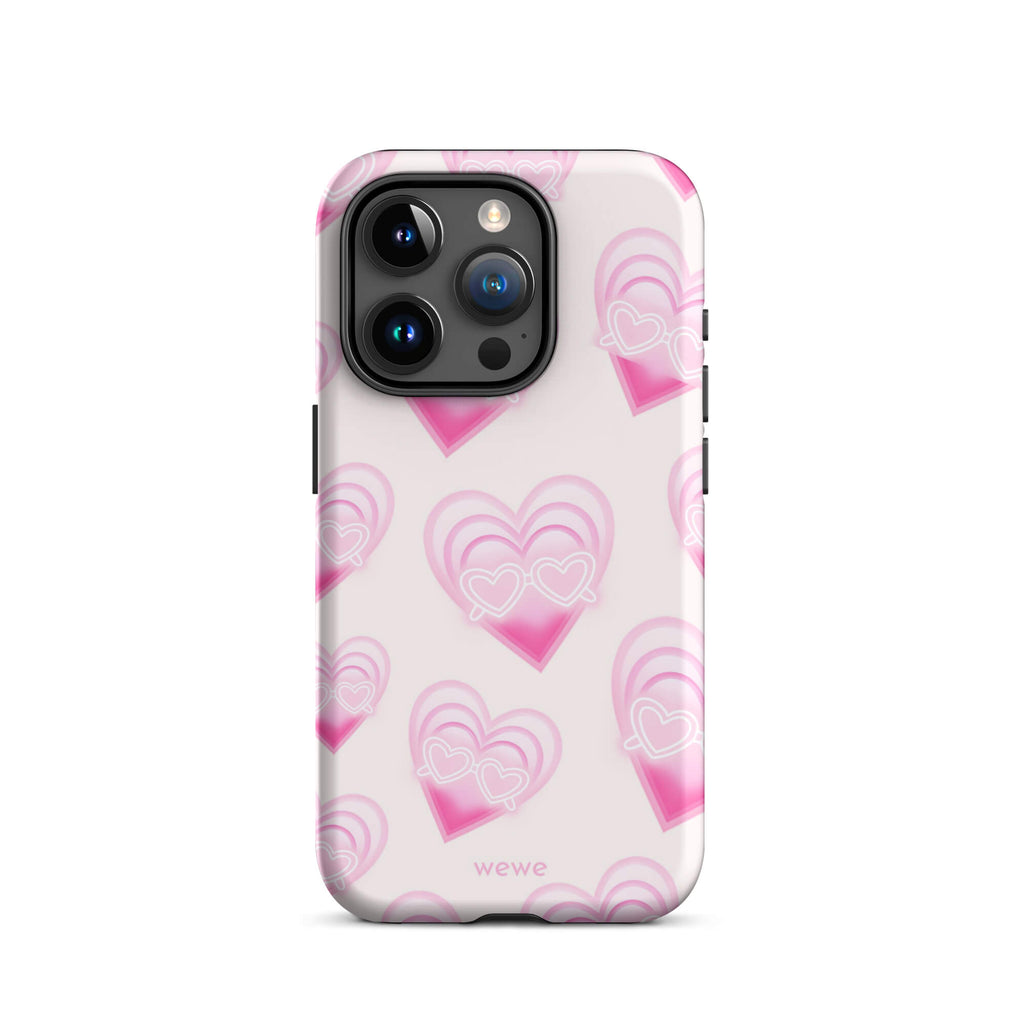 Pink Layered Heart Phone Case featuring oversized retro pink hearts, glowing outlines and a playful heart-shaped glasses motif on a blush background