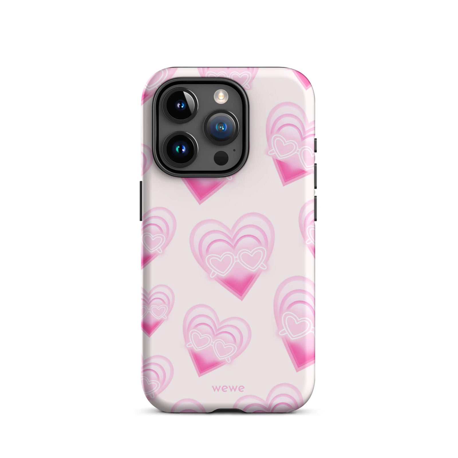 Pink Layered Heart Phone Case featuring oversized retro pink hearts, glowing outlines and a playful heart-shaped glasses motif on a blush background