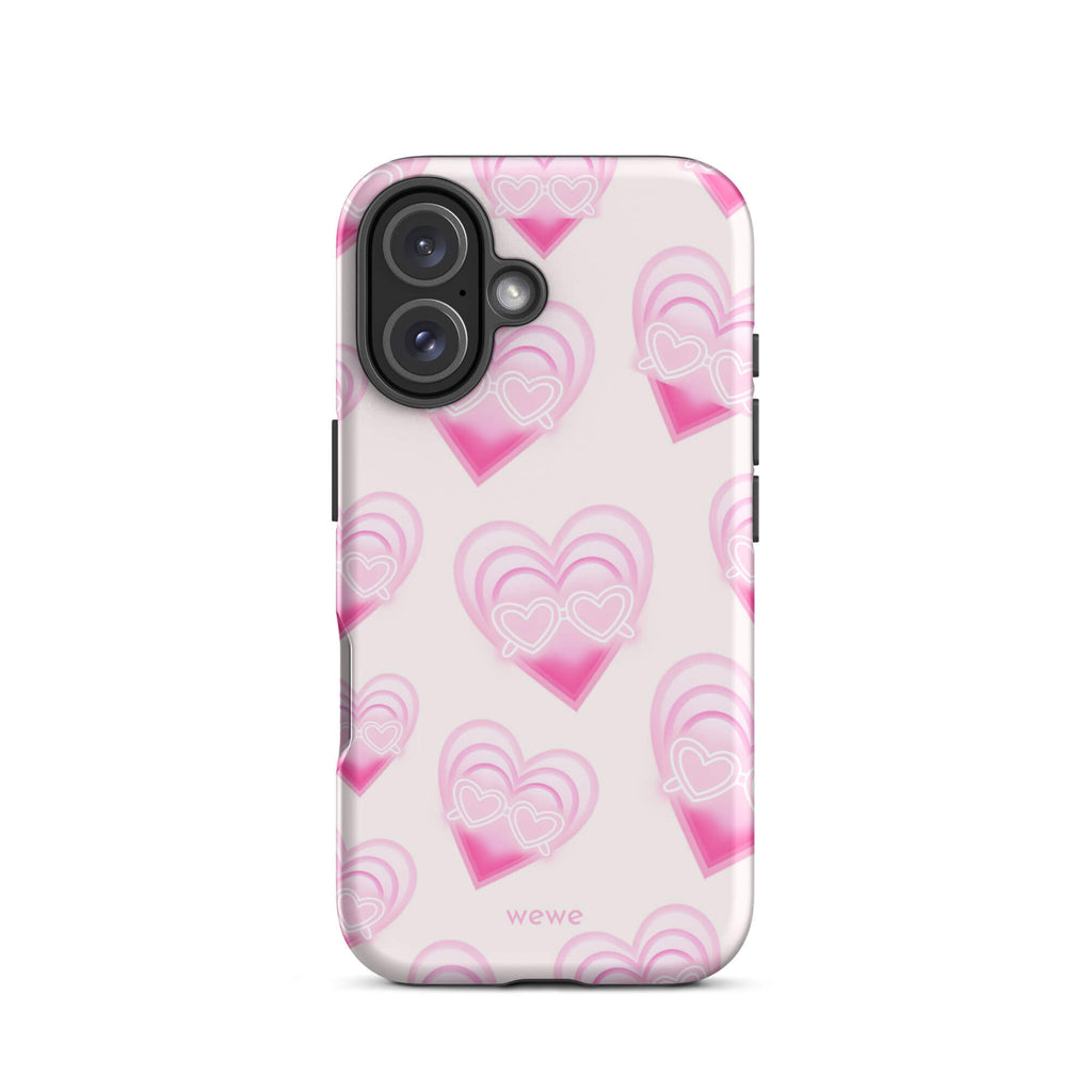 Pink Layered Heart Phone Case featuring oversized retro pink hearts, glowing outlines and a playful heart-shaped glasses motif on a blush background