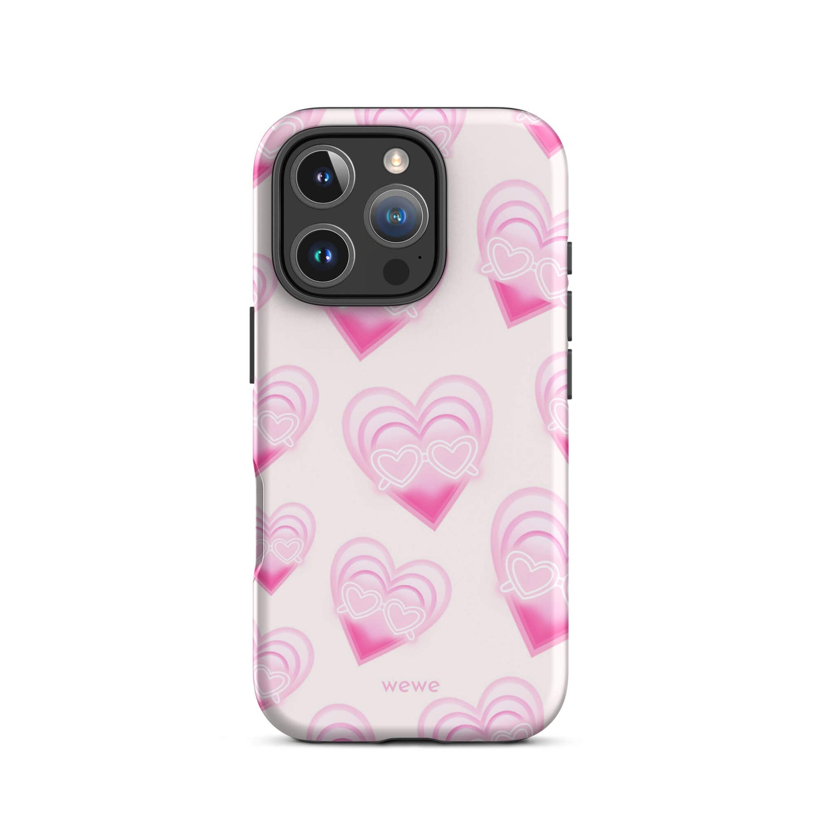 Pink Layered Heart Phone Case featuring oversized retro pink hearts, glowing outlines and a playful heart-shaped glasses motif on a blush background