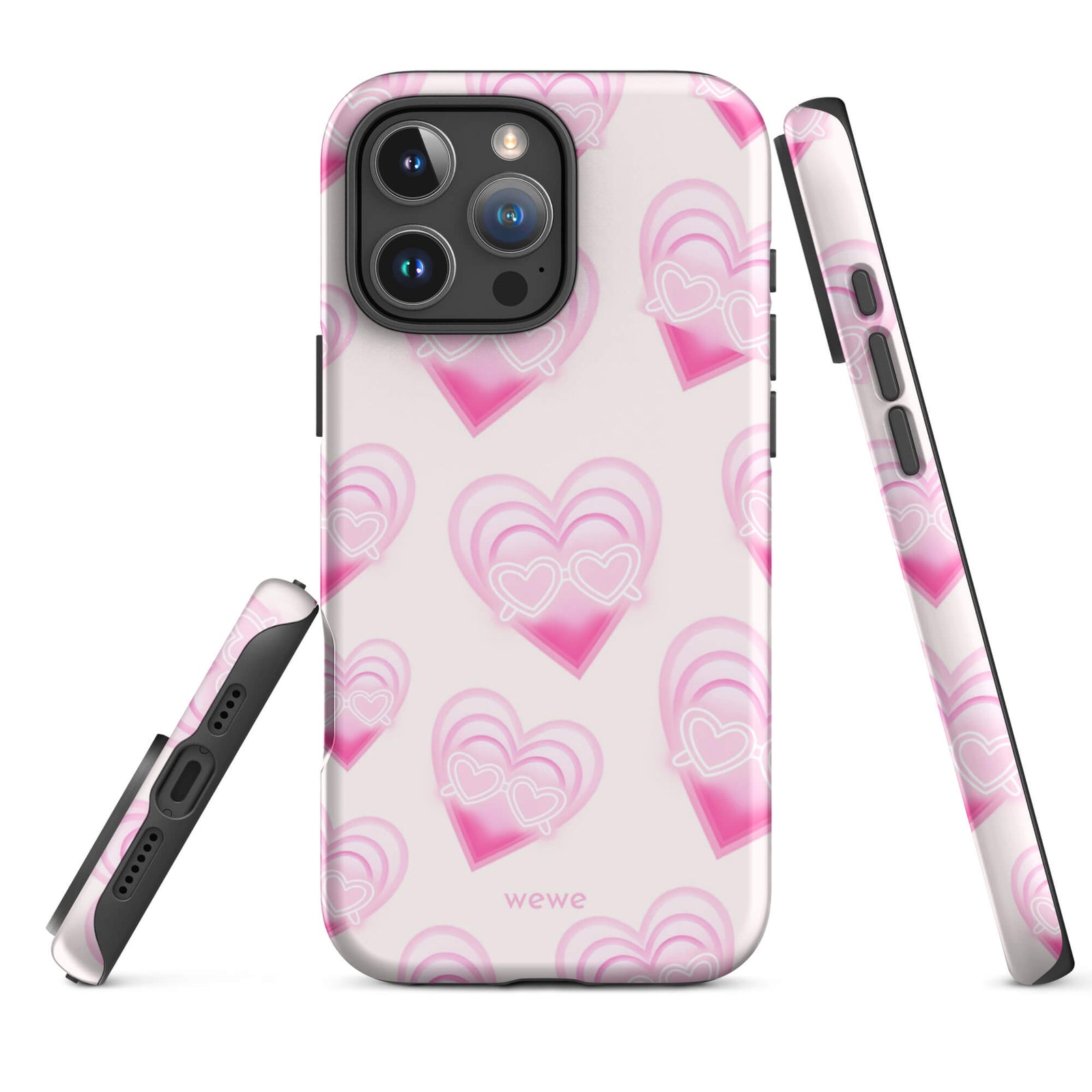 Pink Layered Heart Phone Case featuring oversized retro pink hearts, glowing outlines and a playful heart-shaped glasses motif on a blush background
