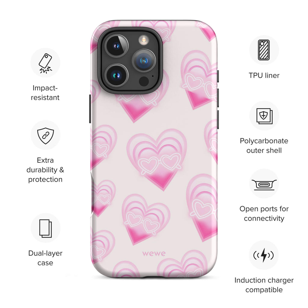 Pink Layered Heart Phone Case featuring oversized retro pink hearts, glowing outlines and a playful heart-shaped glasses motif on a blush background