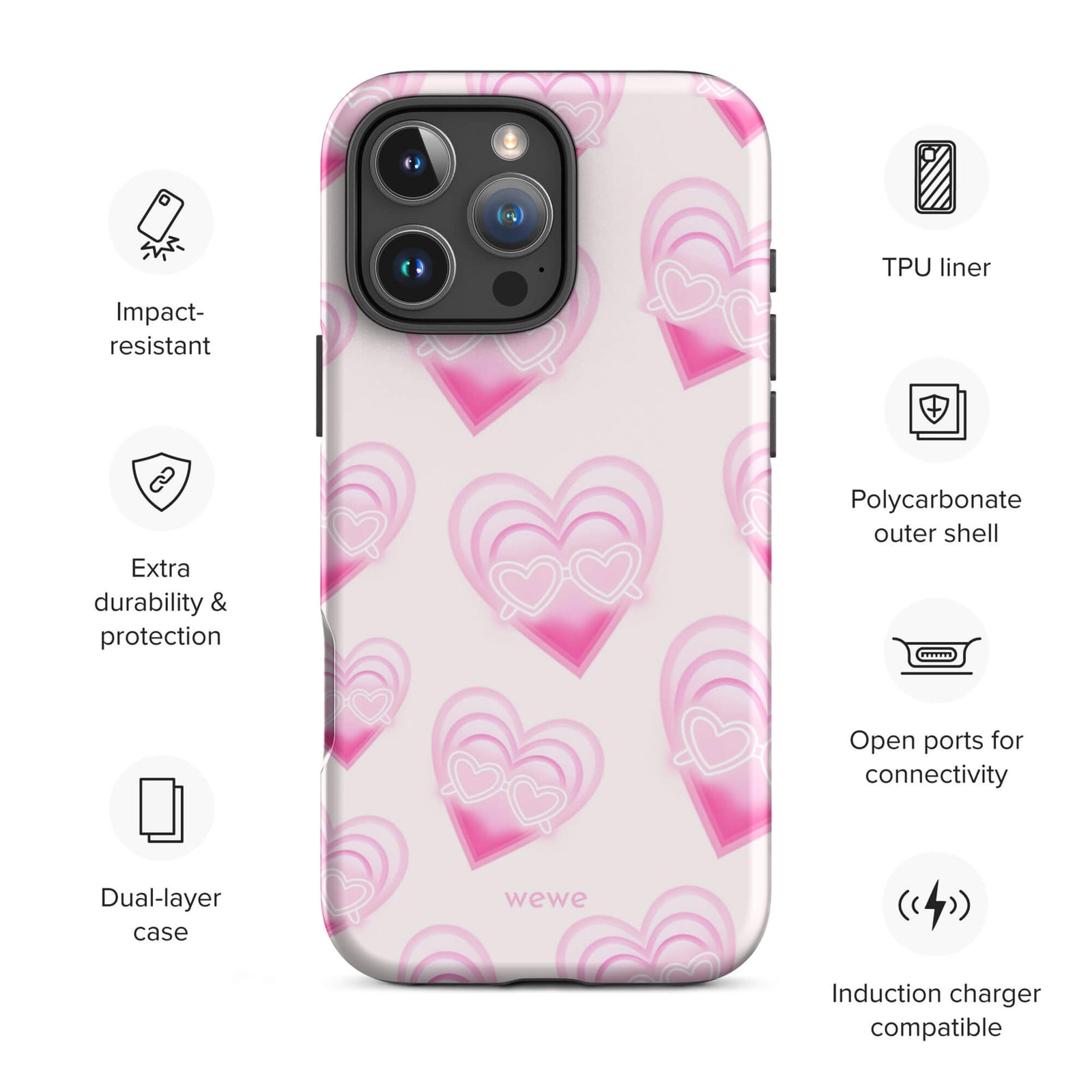 Pink Layered Heart Phone Case featuring oversized retro pink hearts, glowing outlines and a playful heart-shaped glasses motif on a blush background
