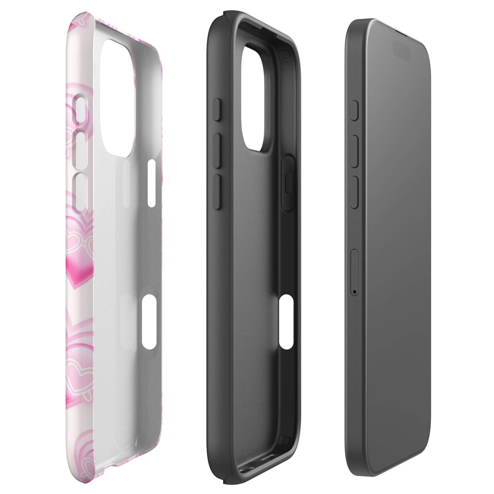 Pink Layered Heart Phone Case featuring oversized retro pink hearts, glowing outlines and a playful heart-shaped glasses motif on a blush background