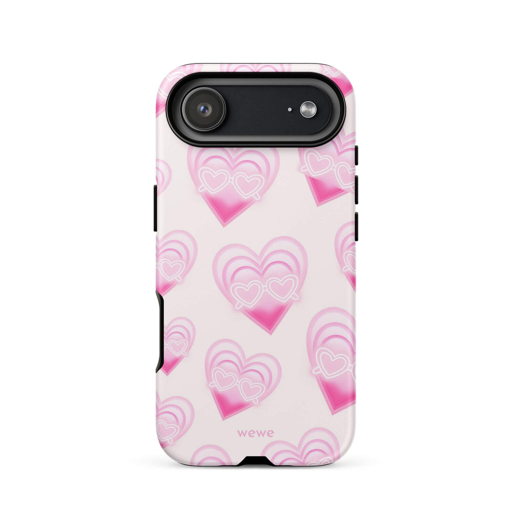 Pink Layered Heart Phone Case featuring oversized retro pink hearts, glowing outlines and a playful heart-shaped glasses motif on a blush background