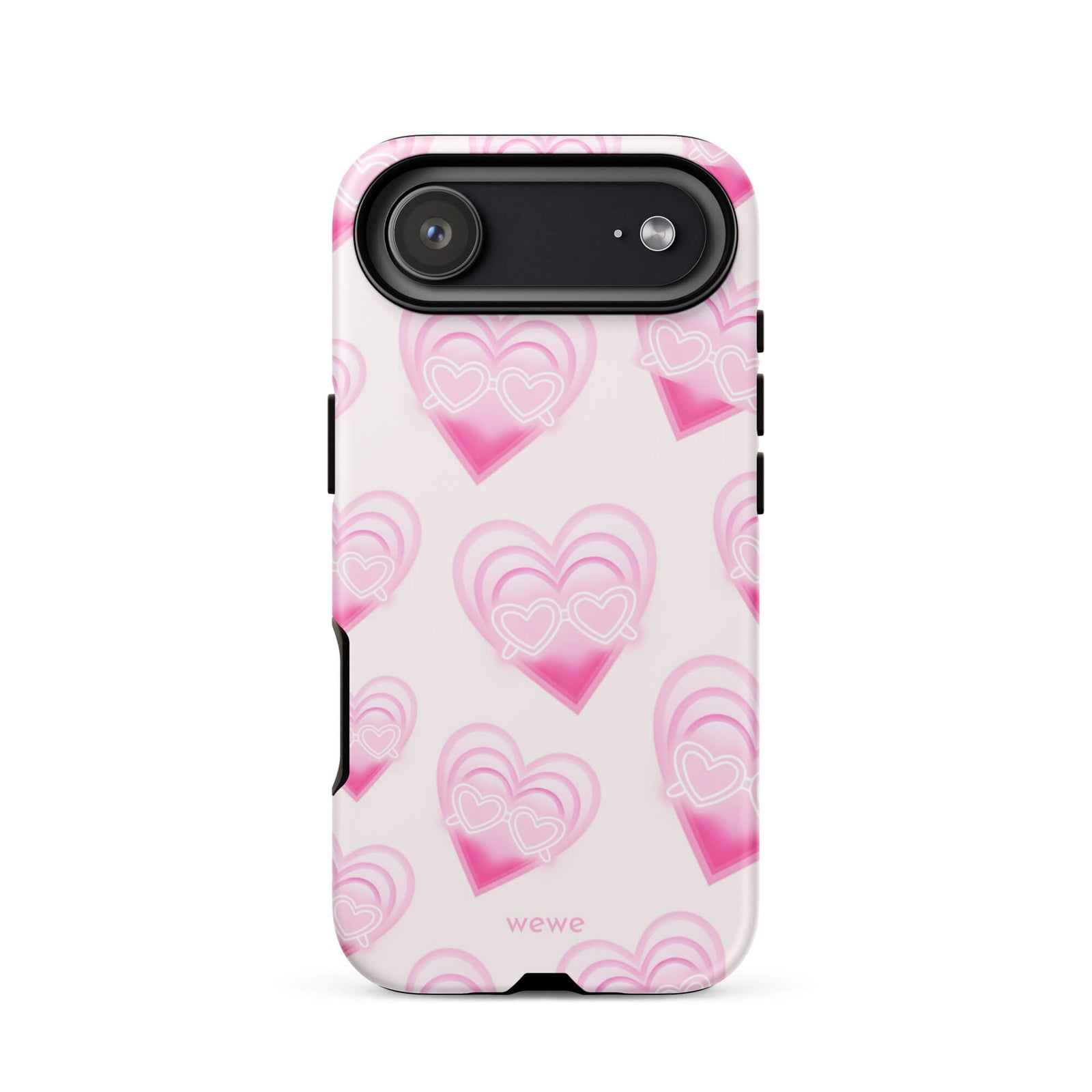 Pink Layered Heart Phone Case featuring oversized retro pink hearts, glowing outlines and a playful heart-shaped glasses motif on a blush background