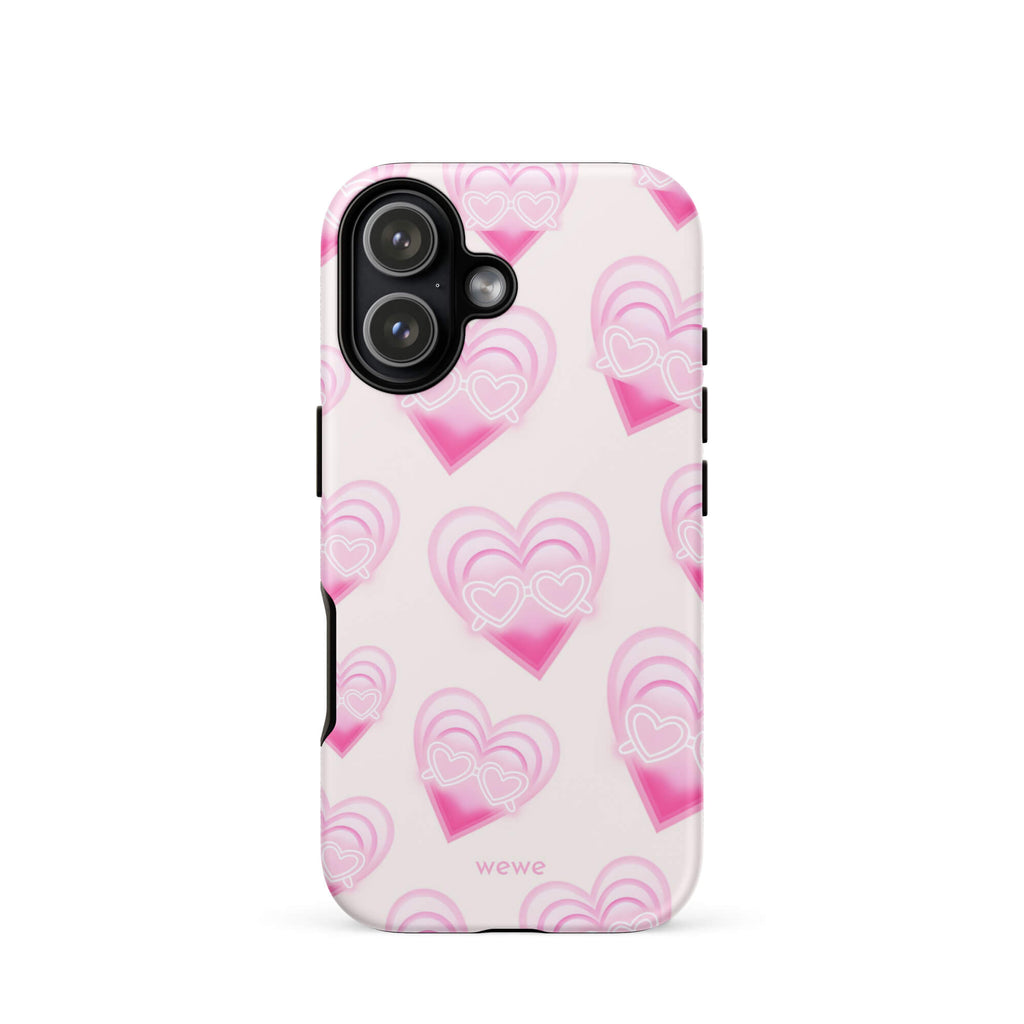 Pink Layered Heart Phone Case featuring oversized retro pink hearts, glowing outlines and a playful heart-shaped glasses motif on a blush background