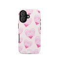 Pink Layered Heart Phone Case featuring oversized retro pink hearts, glowing outlines and a playful heart-shaped glasses motif on a blush background