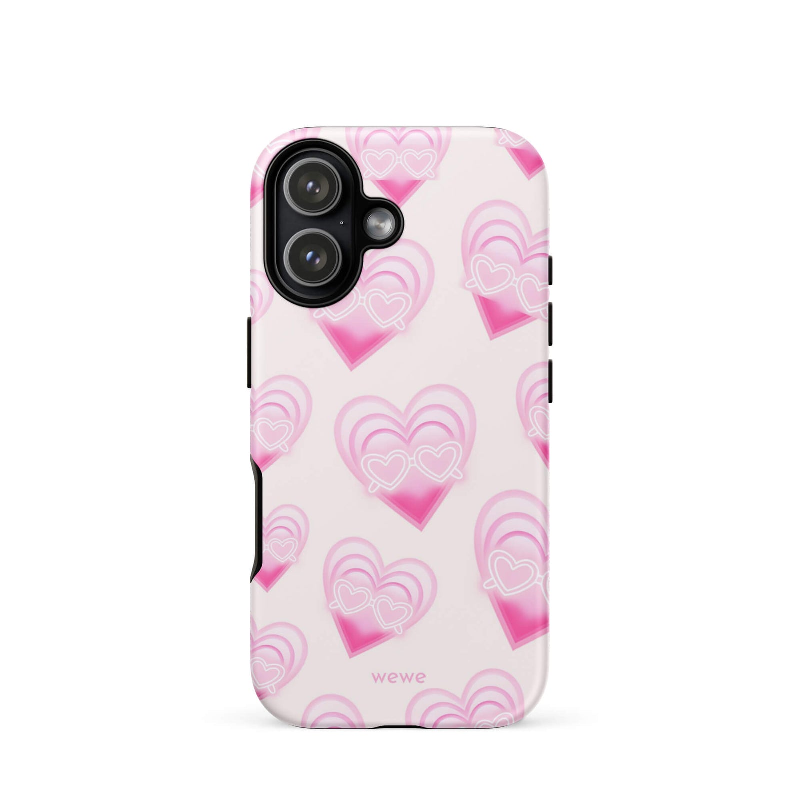 Pink Layered Heart Phone Case featuring oversized retro pink hearts, glowing outlines and a playful heart-shaped glasses motif on a blush background