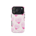 Pink Layered Heart Phone Case featuring oversized retro pink hearts, glowing outlines and a playful heart-shaped glasses motif on a blush background