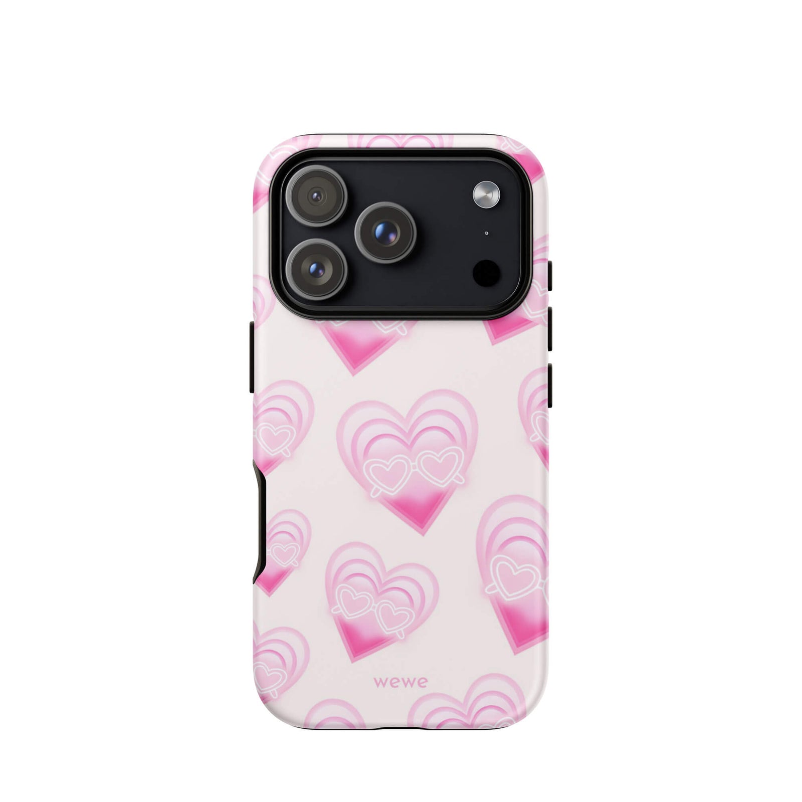 Pink Layered Heart Phone Case featuring oversized retro pink hearts, glowing outlines and a playful heart-shaped glasses motif on a blush background