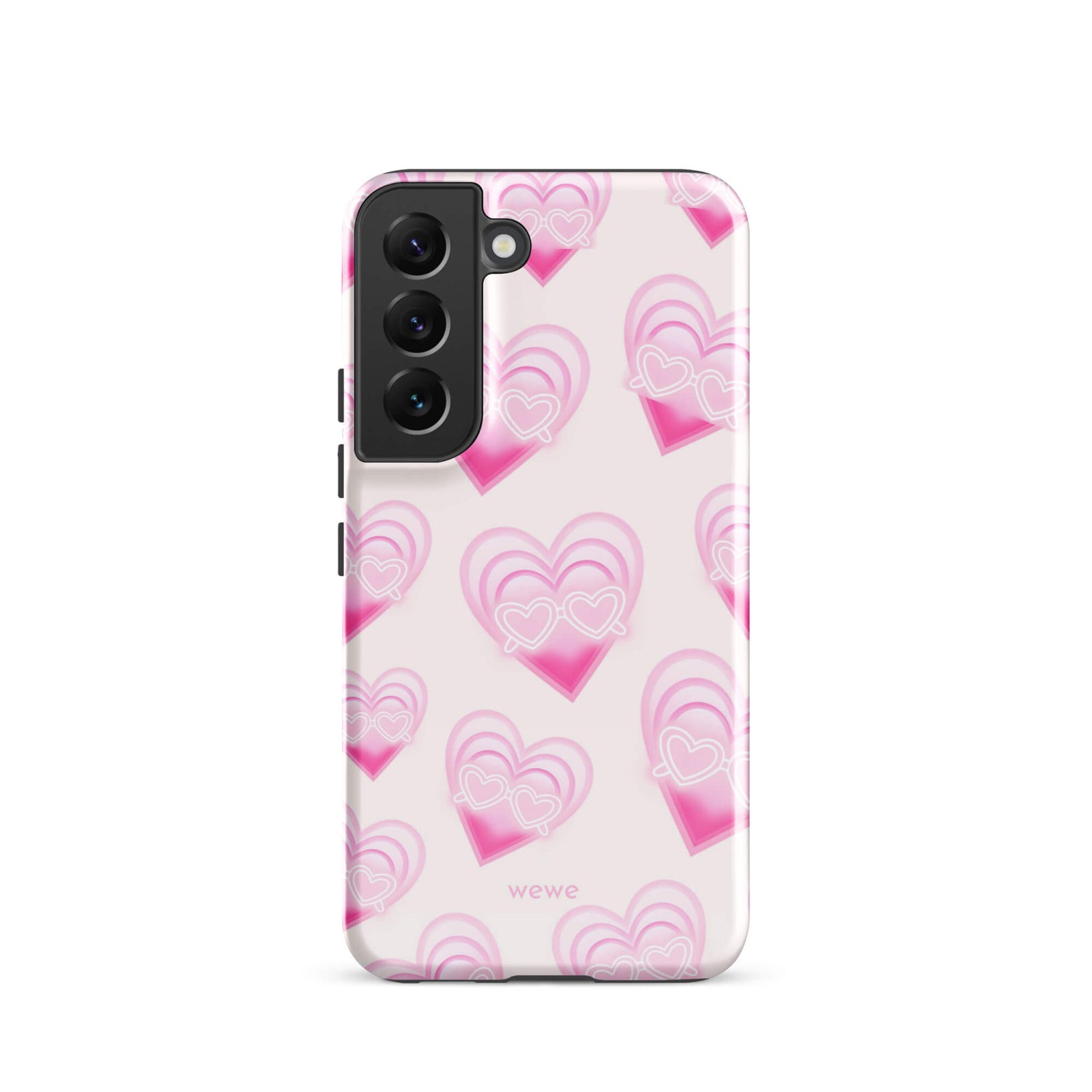 Pink Layered Heart Phone Case featuring oversized retro pink hearts, glowing outlines and a playful heart-shaped glasses motif on a blush background