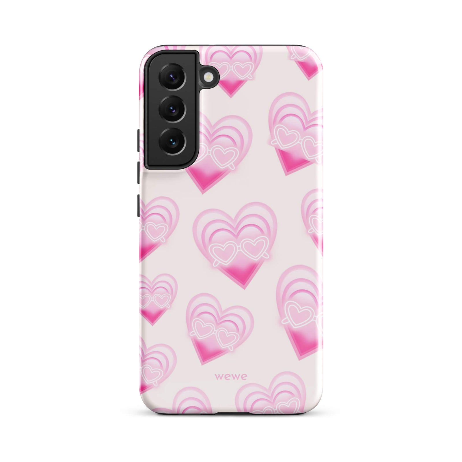 Pink Layered Heart Phone Case featuring oversized retro pink hearts, glowing outlines and a playful heart-shaped glasses motif on a blush background