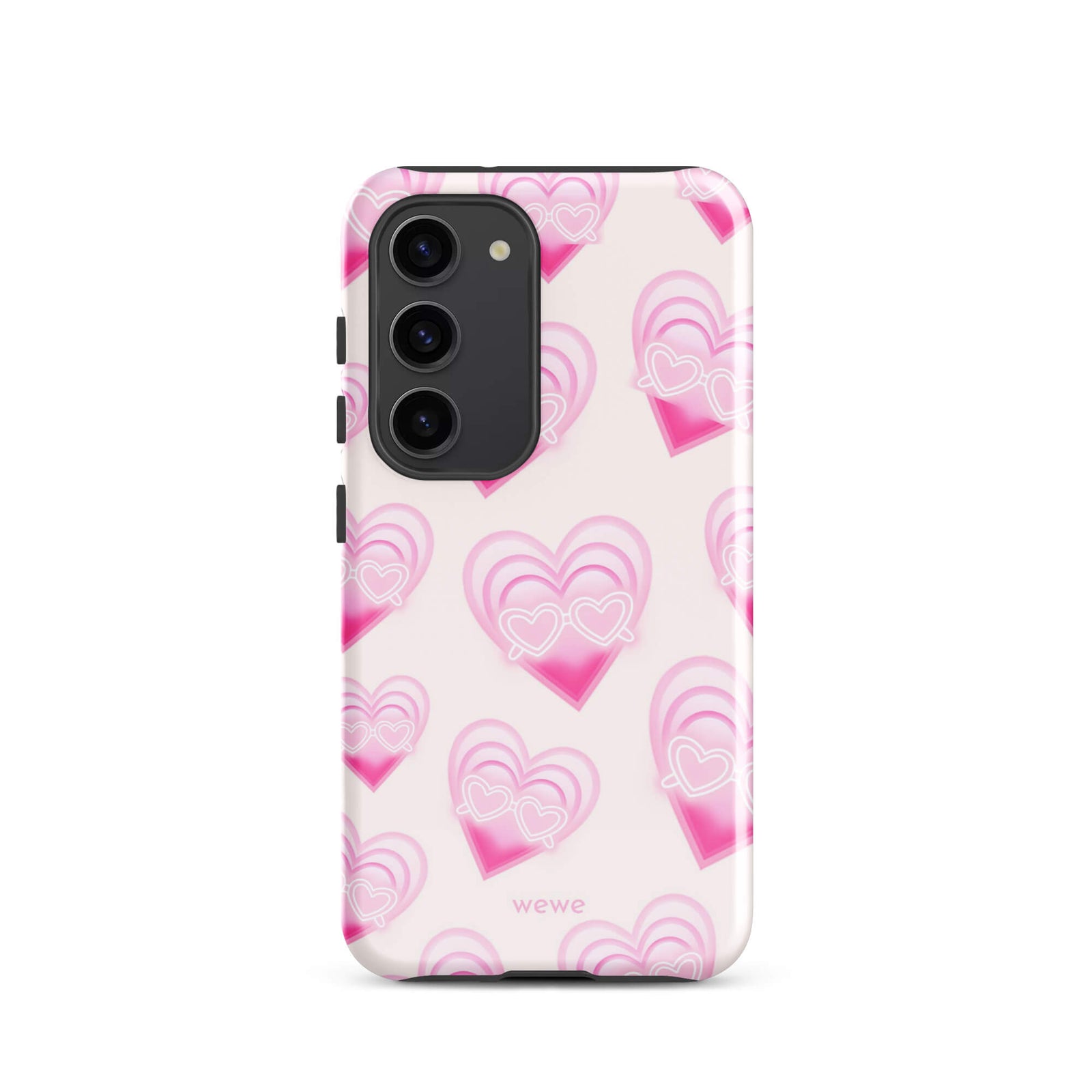 Pink Layered Heart Phone Case featuring oversized retro pink hearts, glowing outlines and a playful heart-shaped glasses motif on a blush background