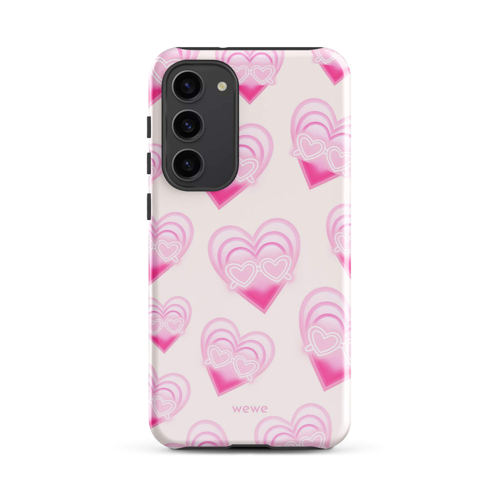 Pink Layered Heart Phone Case featuring oversized retro pink hearts, glowing outlines and a playful heart-shaped glasses motif on a blush background