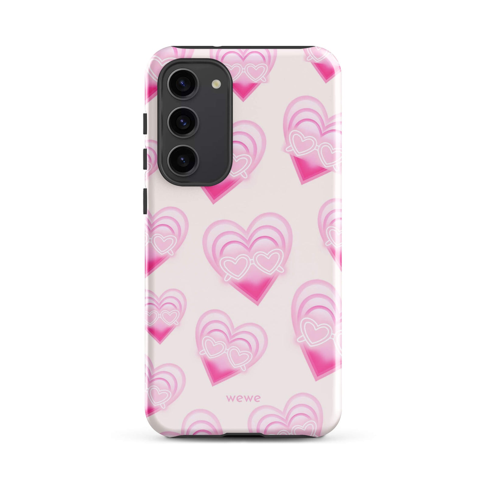 Pink Layered Heart Phone Case featuring oversized retro pink hearts, glowing outlines and a playful heart-shaped glasses motif on a blush background