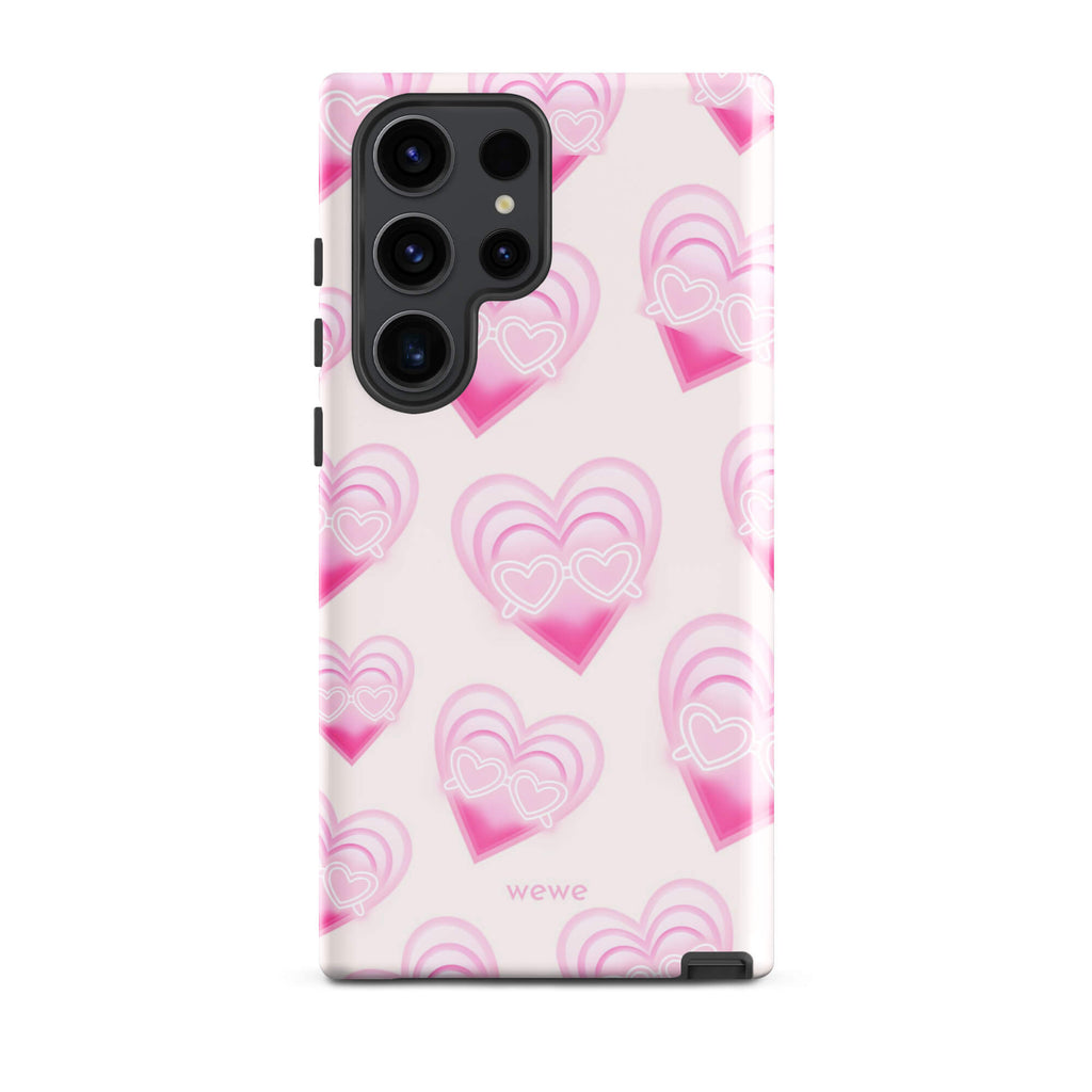 Pink Layered Heart Phone Case featuring oversized retro pink hearts, glowing outlines and a playful heart-shaped glasses motif on a blush background