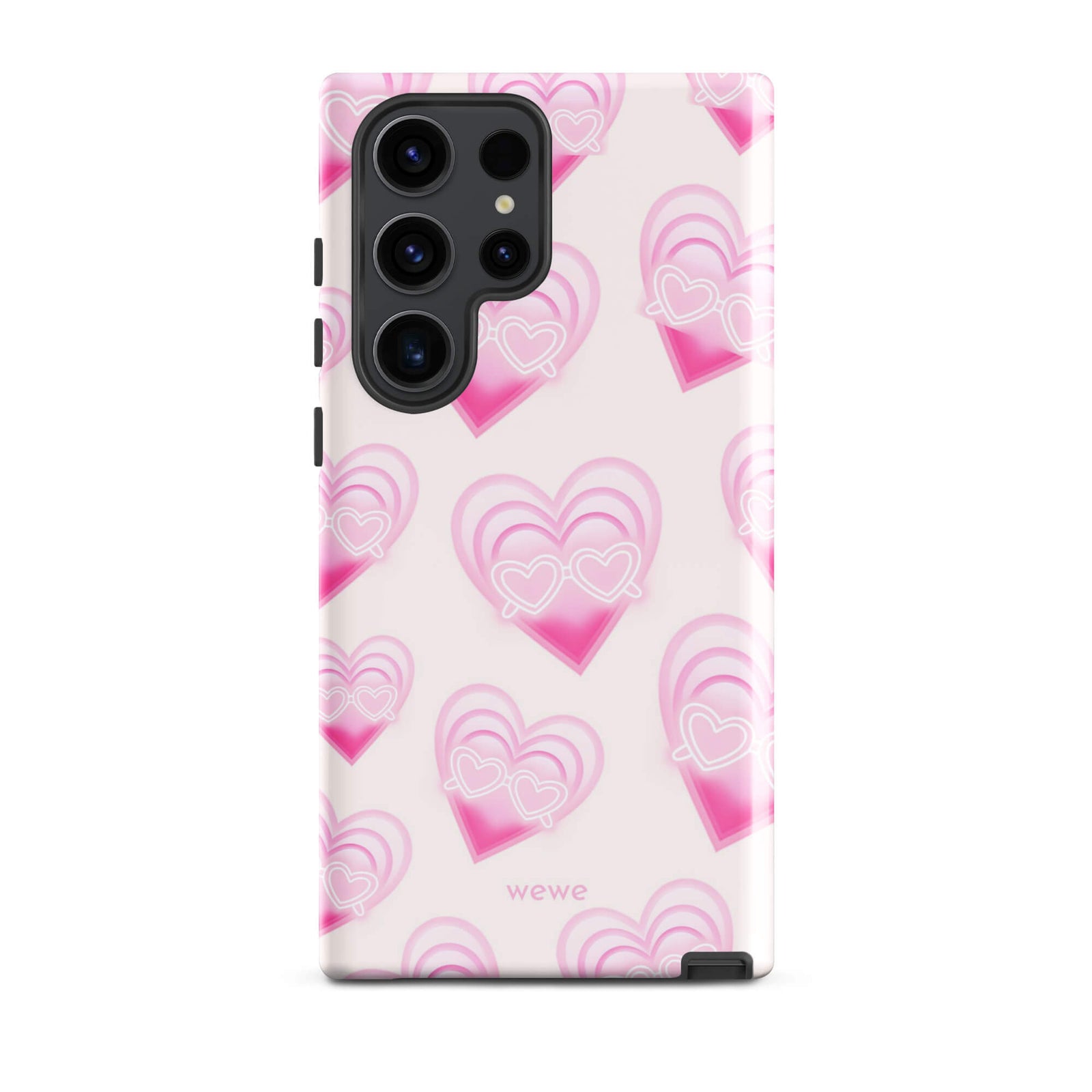 Pink Layered Heart Phone Case featuring oversized retro pink hearts, glowing outlines and a playful heart-shaped glasses motif on a blush background