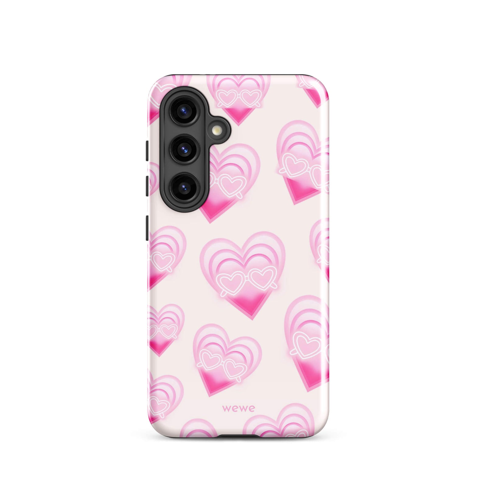 Pink Layered Heart Phone Case featuring oversized retro pink hearts, glowing outlines and a playful heart-shaped glasses motif on a blush background