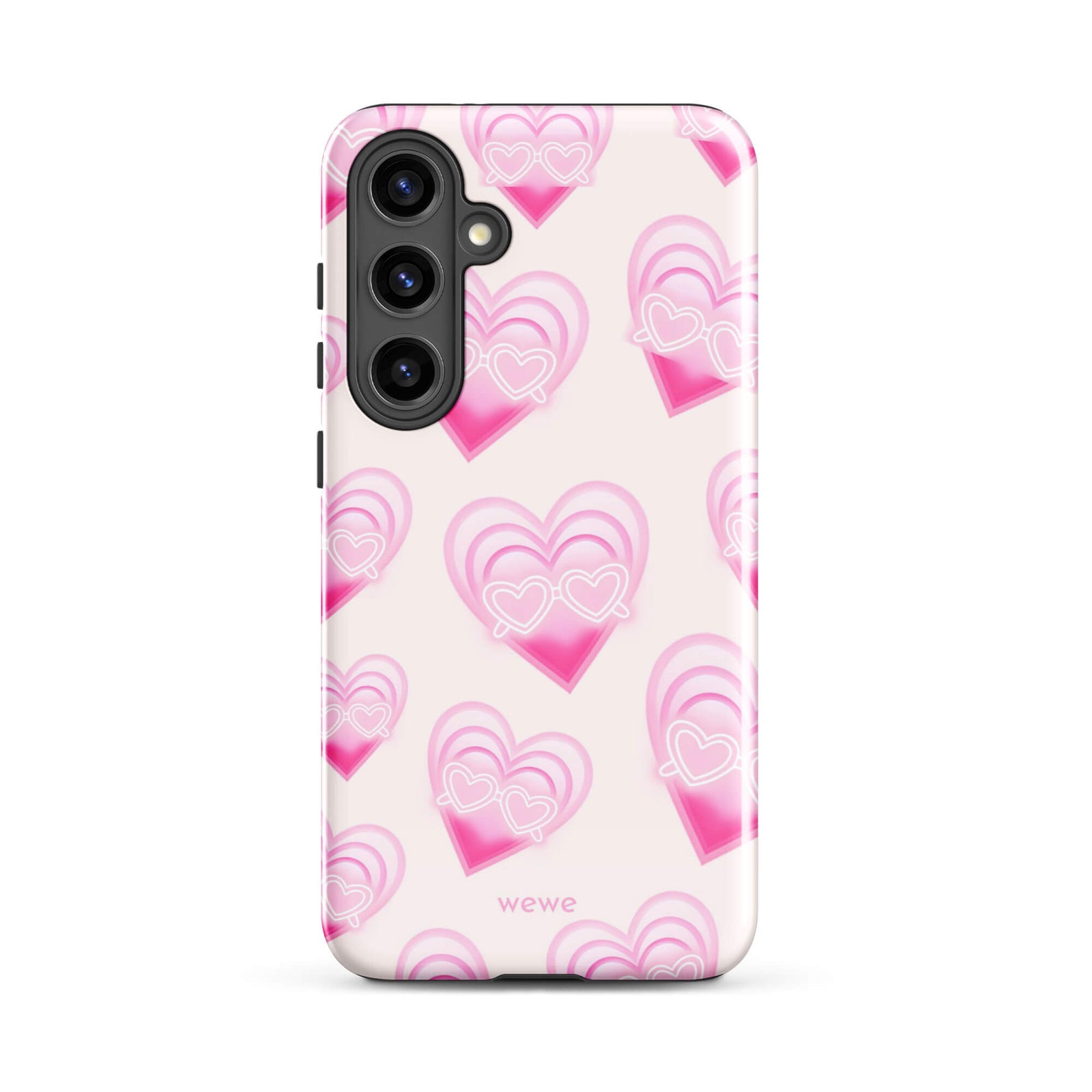 Pink Layered Heart Phone Case featuring oversized retro pink hearts, glowing outlines and a playful heart-shaped glasses motif on a blush background