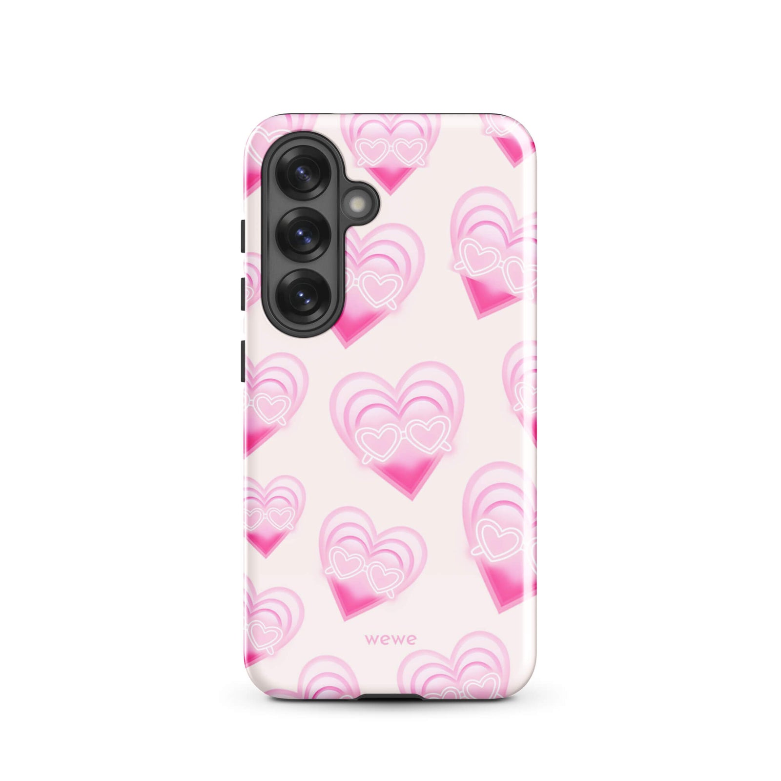 Pink Layered Heart Phone Case featuring oversized retro pink hearts, glowing outlines and a playful heart-shaped glasses motif on a blush background