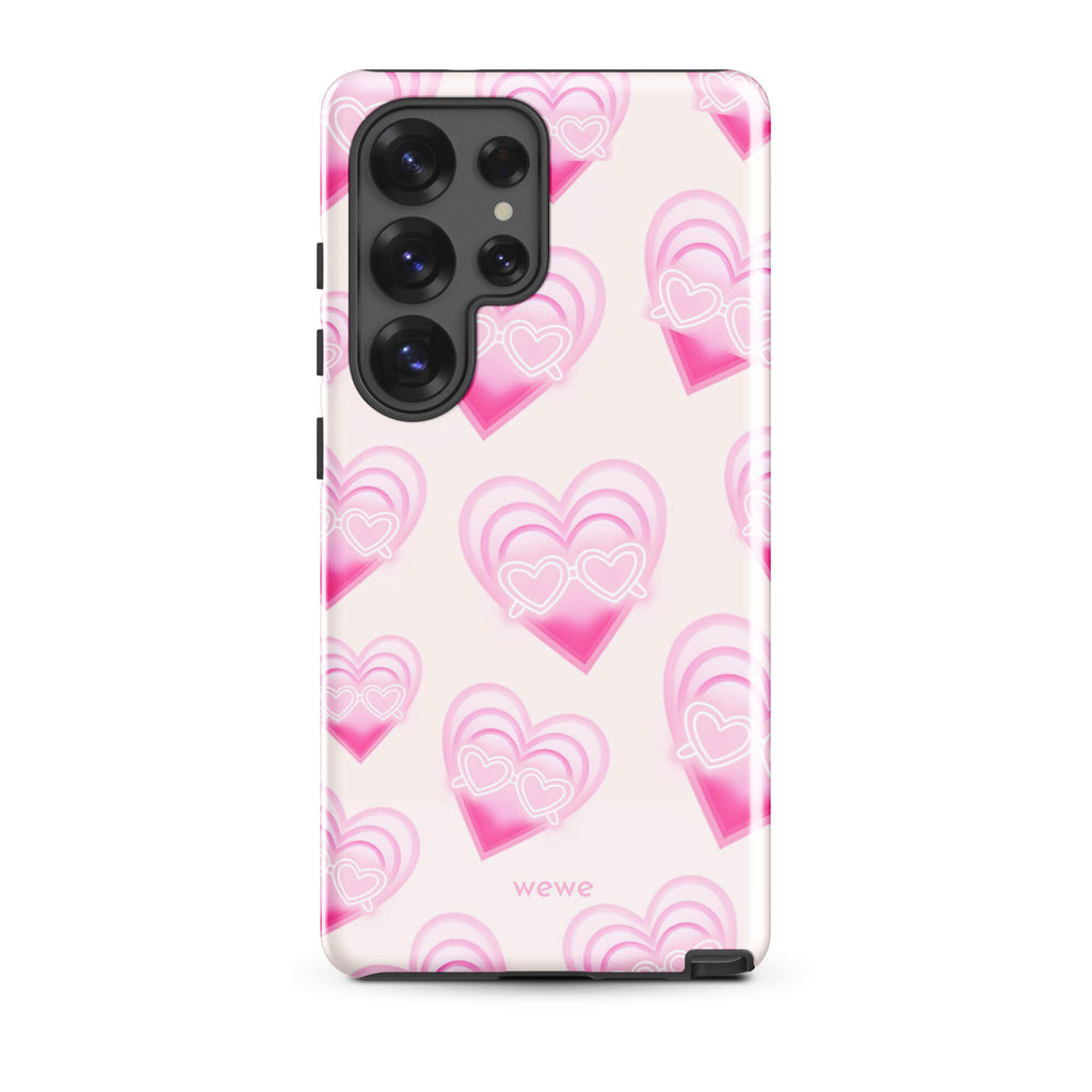 Pink Layered Heart Phone Case featuring oversized retro pink hearts, glowing outlines and a playful heart-shaped glasses motif on a blush background