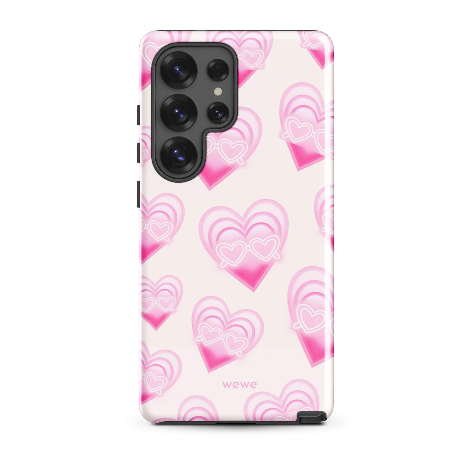 Pink Layered Heart Phone Case featuring oversized retro pink hearts, glowing outlines and a playful heart-shaped glasses motif on a blush background