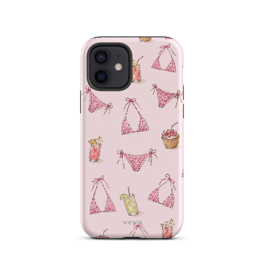 Pink Leopard Bikini and Cocktail Phone Case featuring hot pink animal-print swimwear, tropical drinks and coconuts on a blush pink background