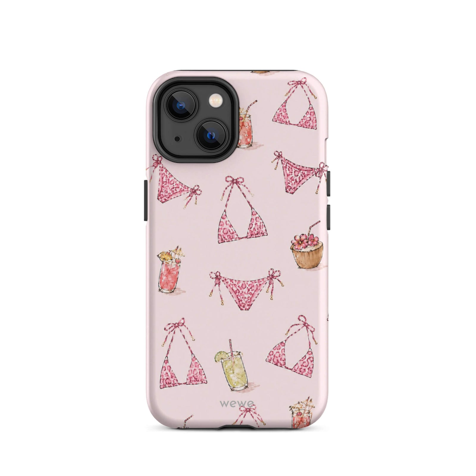 Pink Leopard Bikini and Cocktail Phone Case featuring hot pink animal-print swimwear, tropical drinks and coconuts on a blush pink background