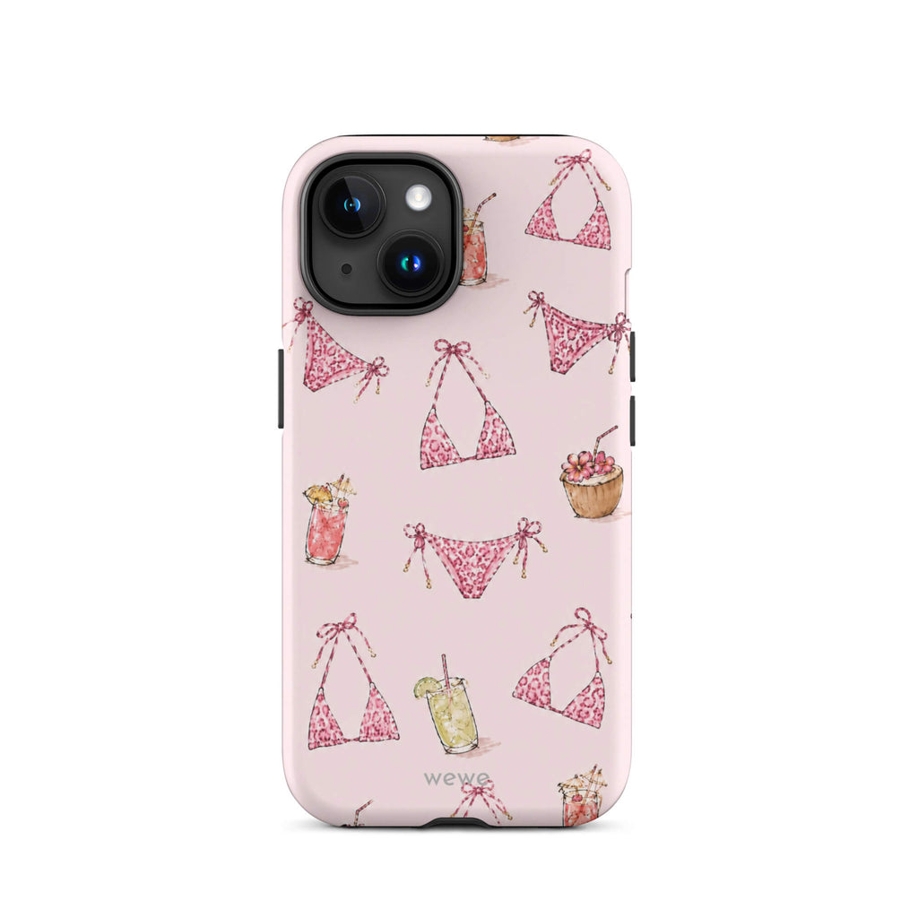 Pink Leopard Bikini and Cocktail Phone Case featuring hot pink animal-print swimwear, tropical drinks and coconuts on a blush pink background