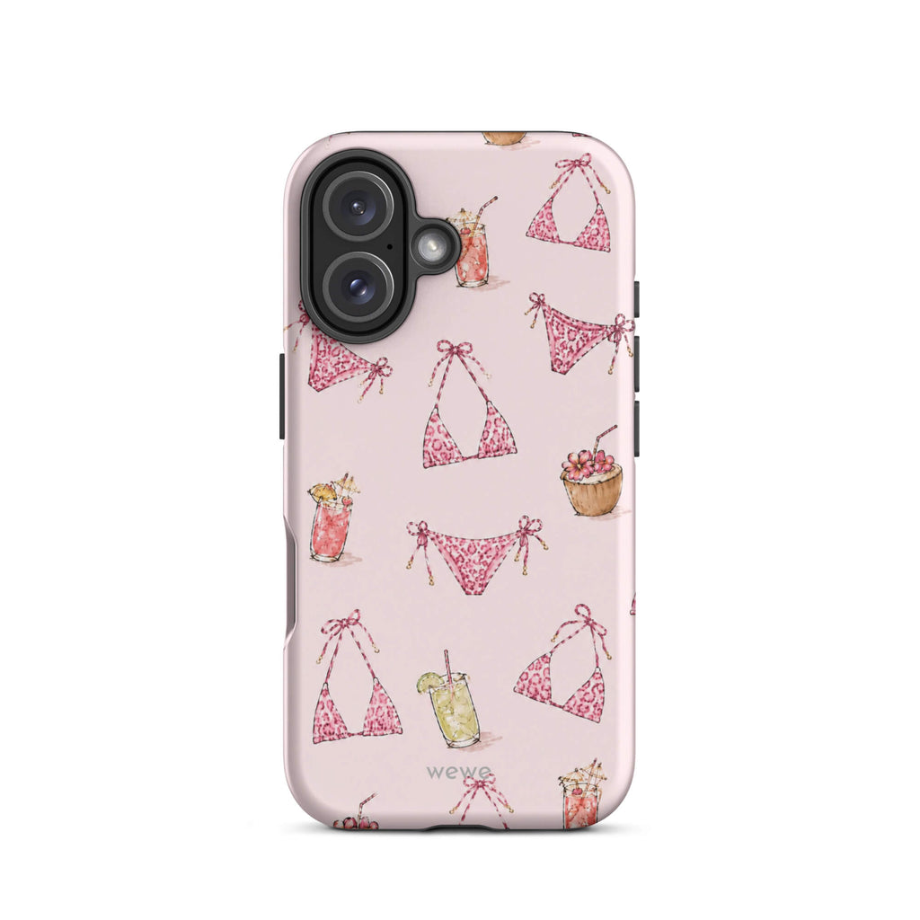 Pink Leopard Bikini and Cocktail Phone Case featuring hot pink animal-print swimwear, tropical drinks and coconuts on a blush pink background