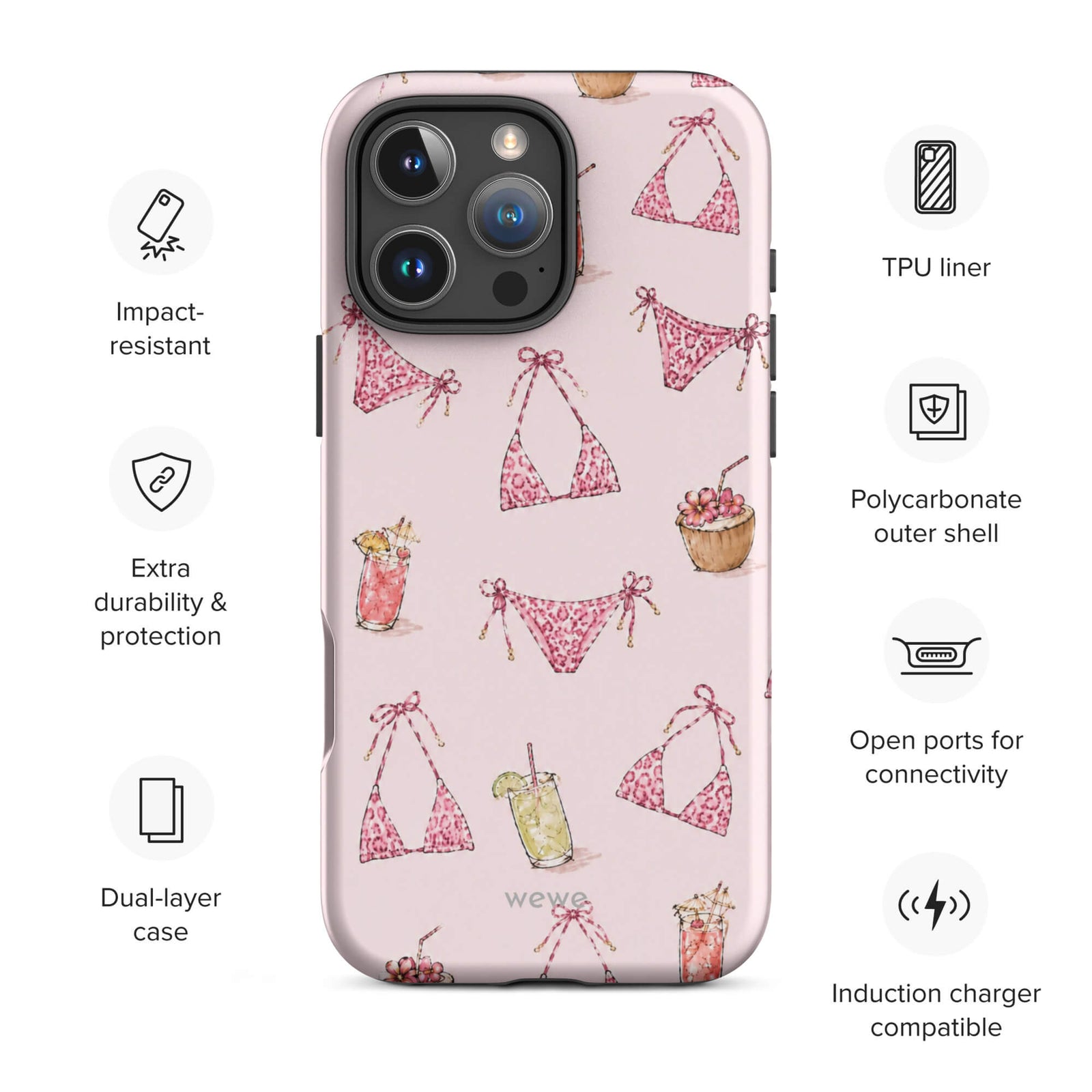 Pink Leopard Bikini and Cocktail Phone Case featuring hot pink animal-print swimwear, tropical drinks and coconuts on a blush pink background