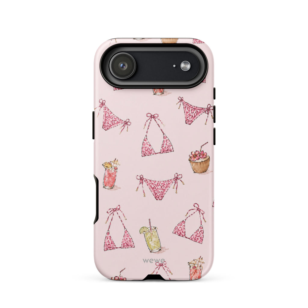 Pink Leopard Bikini and Cocktail Phone Case featuring hot pink animal-print swimwear, tropical drinks and coconuts on a blush pink background