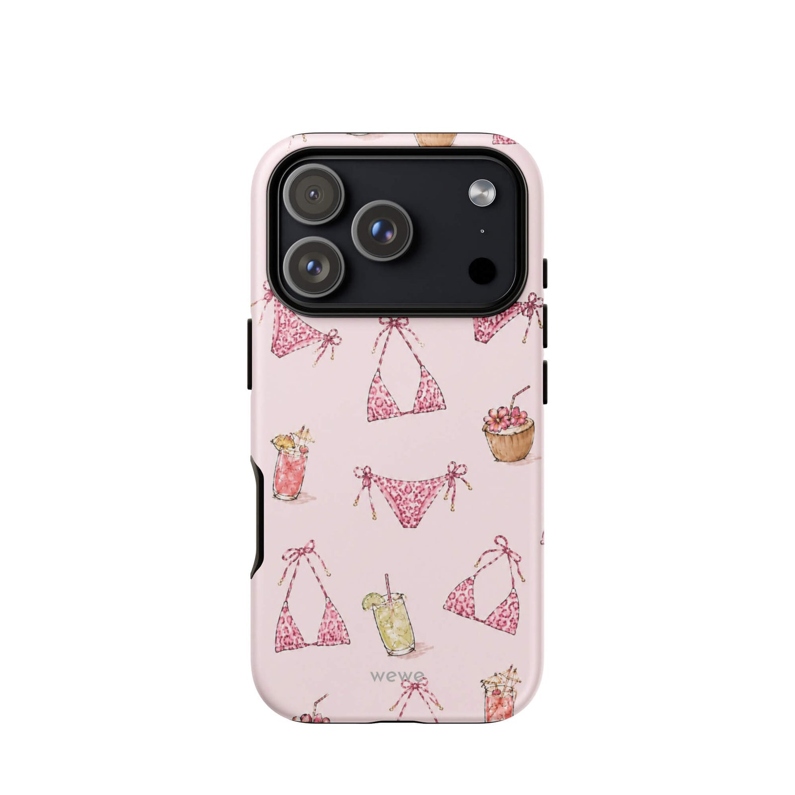 Pink Leopard Bikini and Cocktail Phone Case featuring hot pink animal-print swimwear, tropical drinks and coconuts on a blush pink background