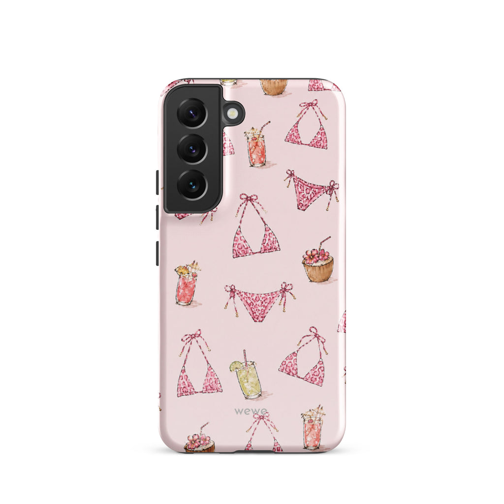 Pink Leopard Bikini and Cocktail Phone Case featuring hot pink animal-print swimwear, tropical drinks and coconuts on a blush pink background