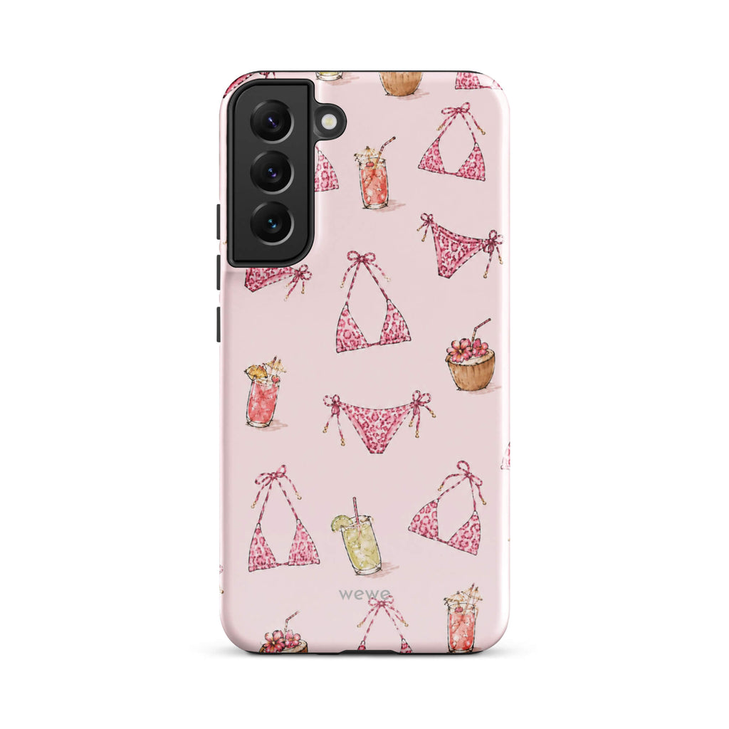 Pink Leopard Bikini and Cocktail Phone Case featuring hot pink animal-print swimwear, tropical drinks and coconuts on a blush pink background