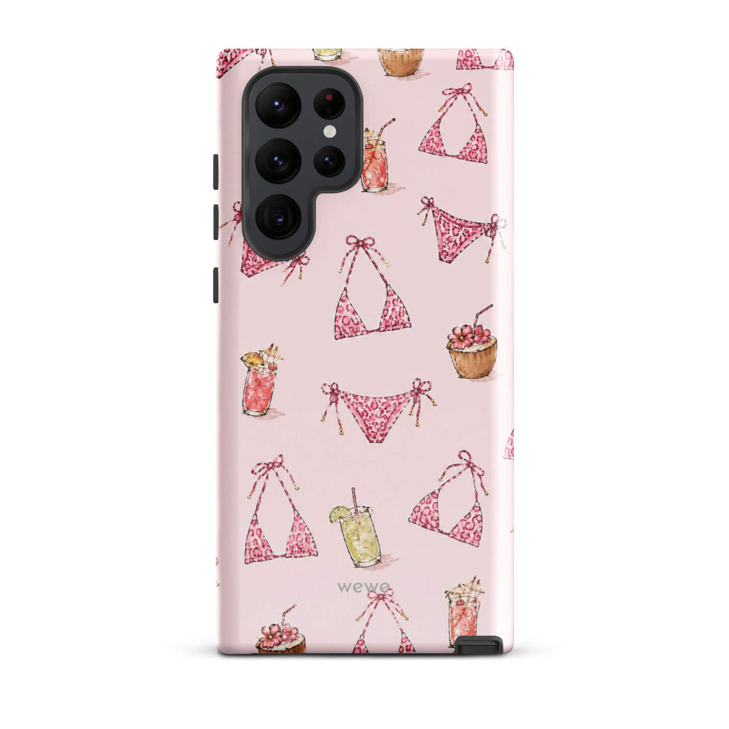 Pink Leopard Bikini and Cocktail Phone Case featuring hot pink animal-print swimwear, tropical drinks and coconuts on a blush pink background