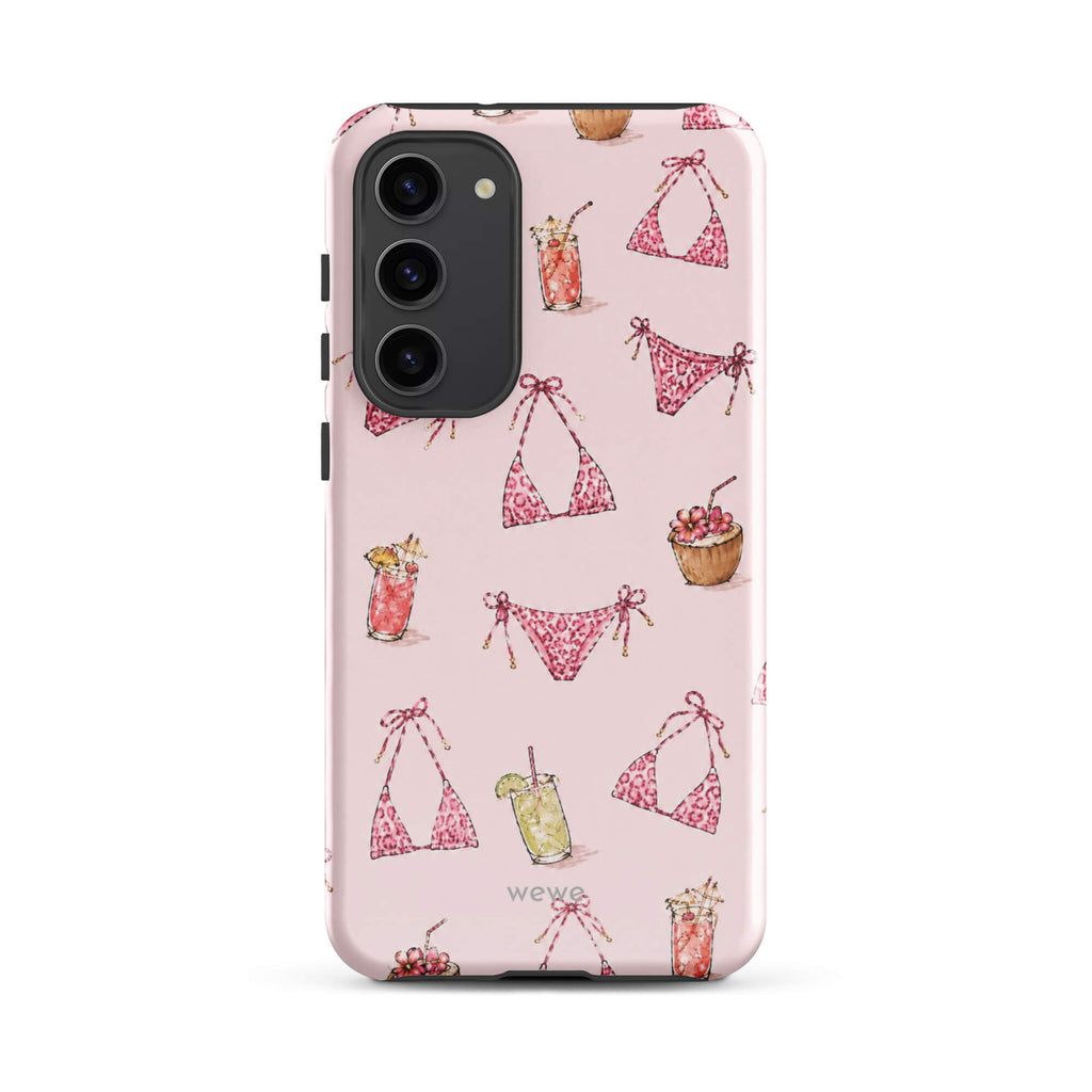 Pink Leopard Bikini and Cocktail Phone Case featuring hot pink animal-print swimwear, tropical drinks and coconuts on a blush pink background