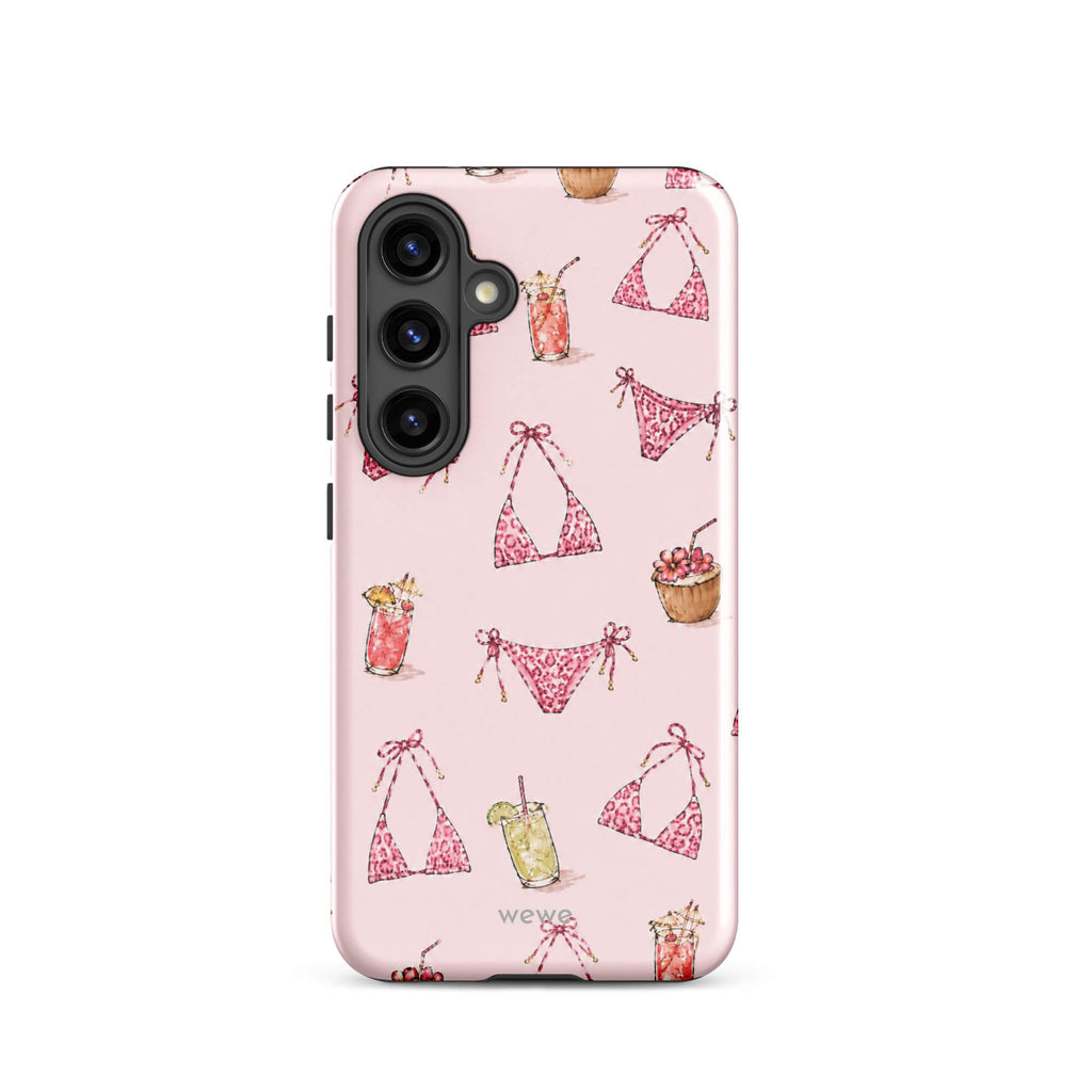 Pink Leopard Bikini and Cocktail Phone Case featuring hot pink animal-print swimwear, tropical drinks and coconuts on a blush pink background